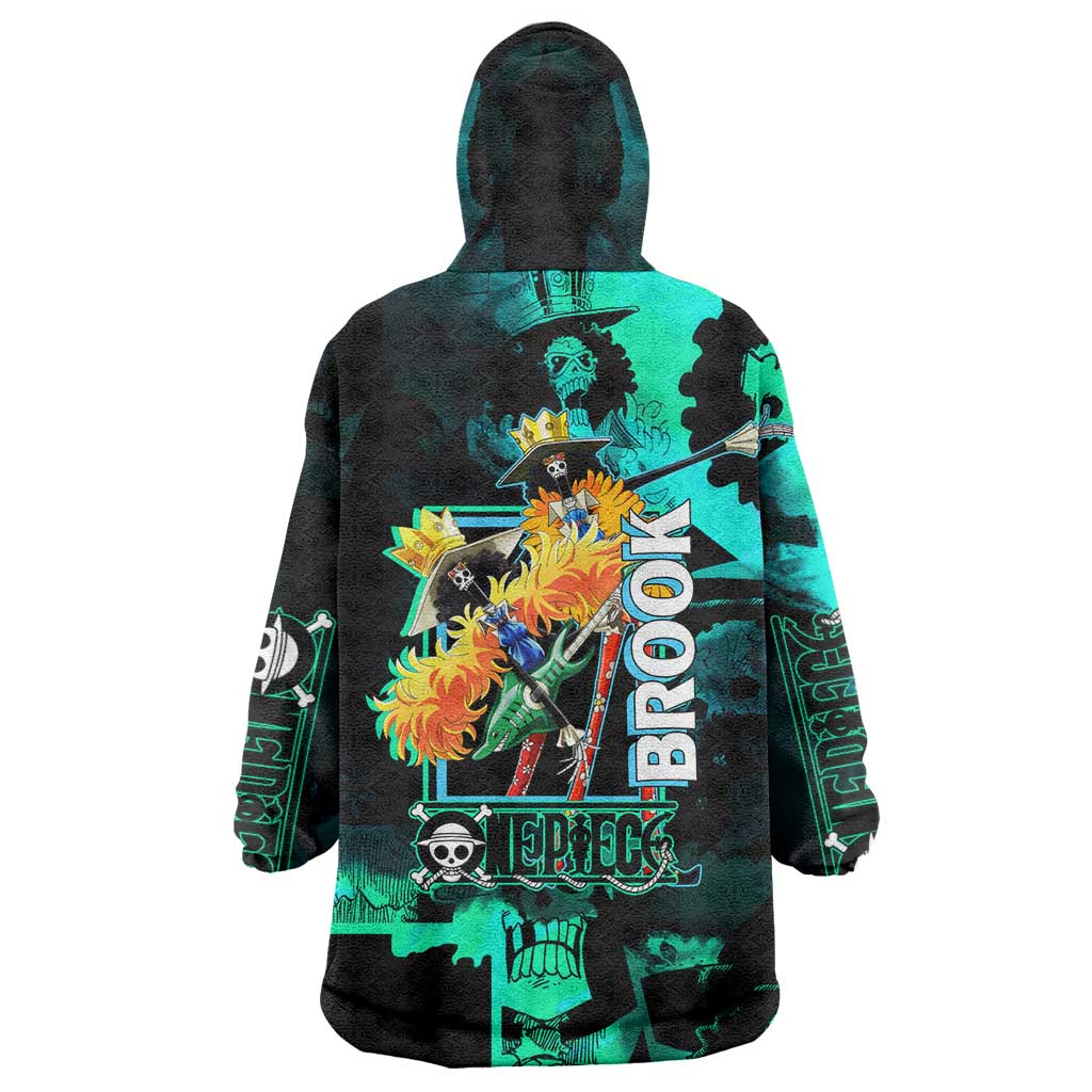 Brook One Piece Green and Black Theme Wearable Blanket Hoodie with Soul King Guitar and Skeleton Jolly Roger Design - The Mazicc