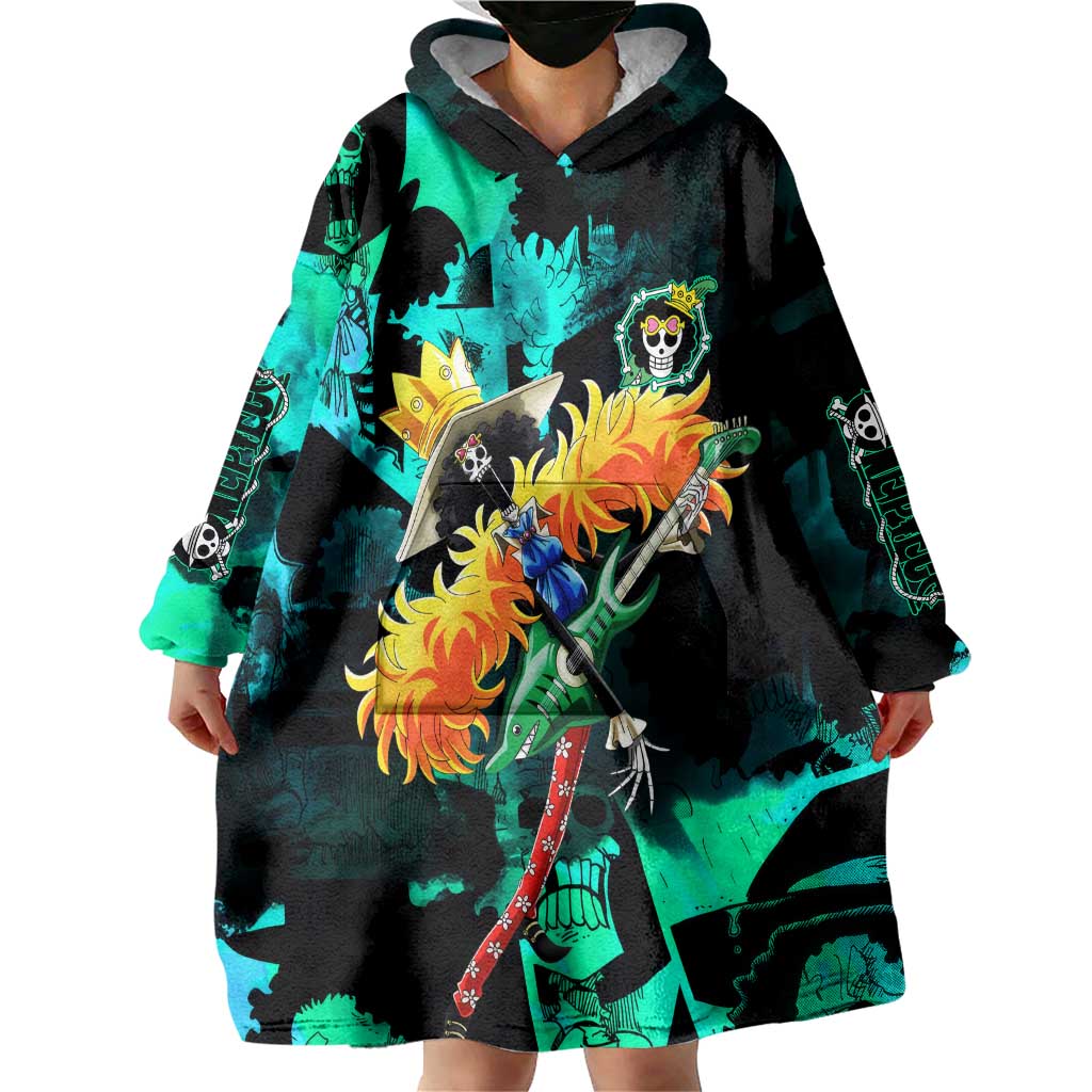 Brook One Piece Green and Black Theme Wearable Blanket Hoodie with Soul King Guitar and Skeleton Jolly Roger Design - The Mazicc