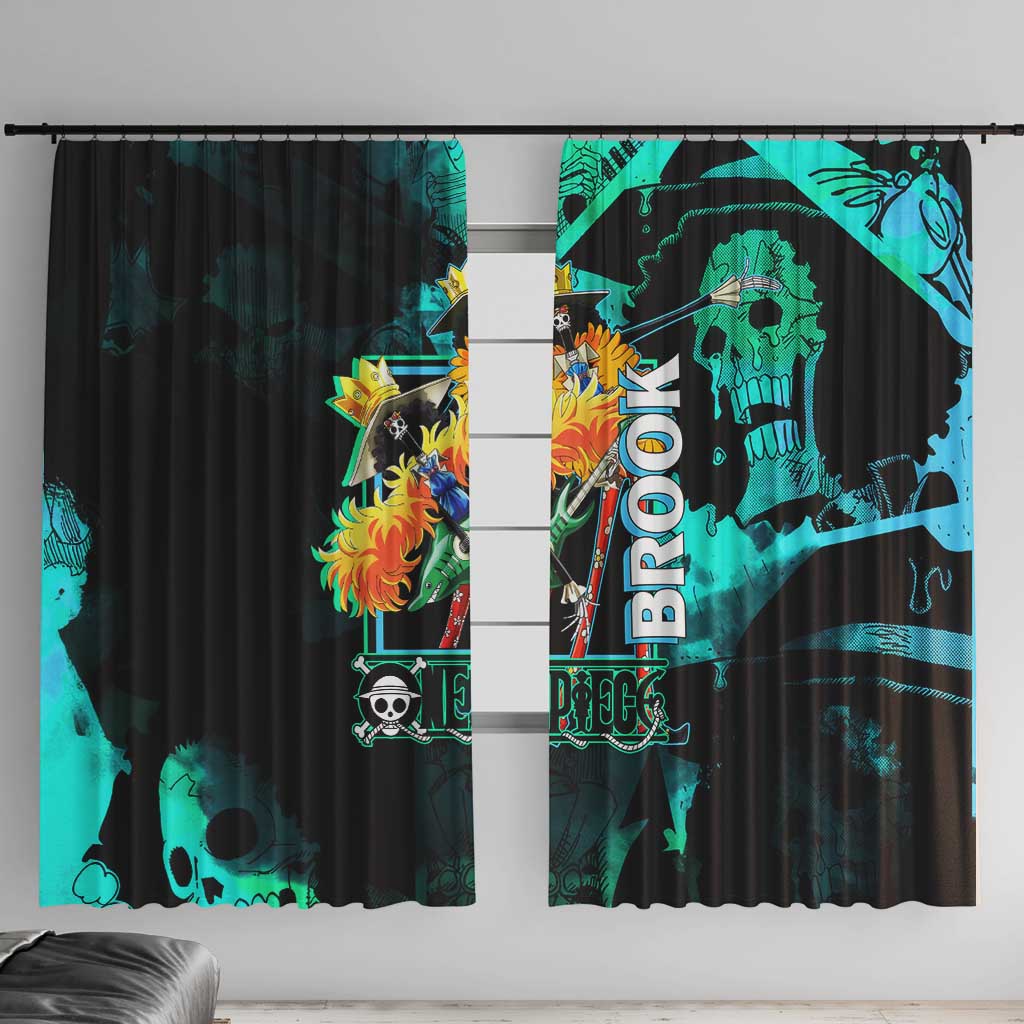 Brook One Piece Green and Black Theme Window Curtain with Soul King Guitar and Skeleton Jolly Roger Design - The Mazicc