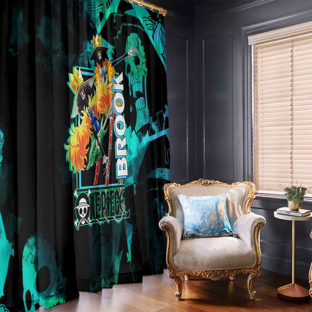 Brook One Piece Green and Black Theme Window Curtain with Soul King Guitar and Skeleton Jolly Roger Design - The Mazicc