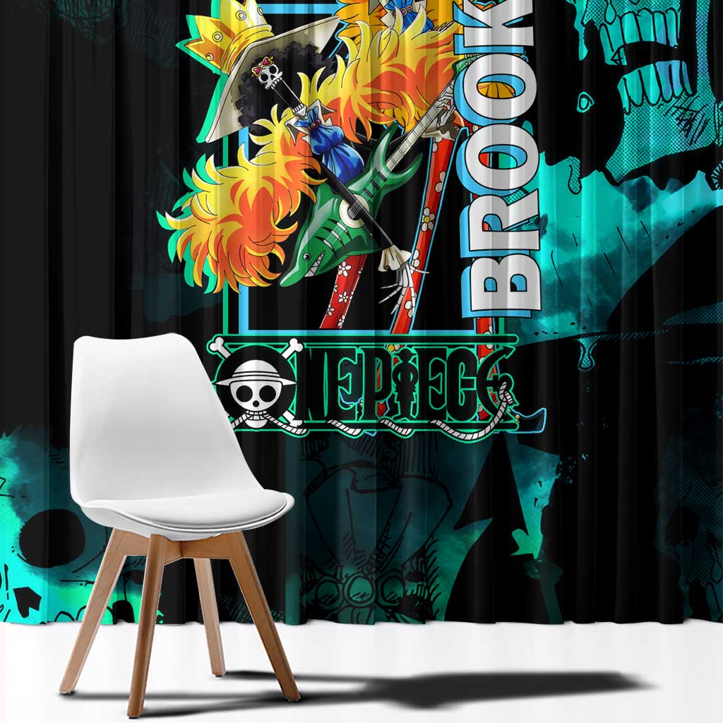 Brook One Piece Green and Black Theme Window Curtain with Soul King Guitar and Skeleton Jolly Roger Design - The Mazicc