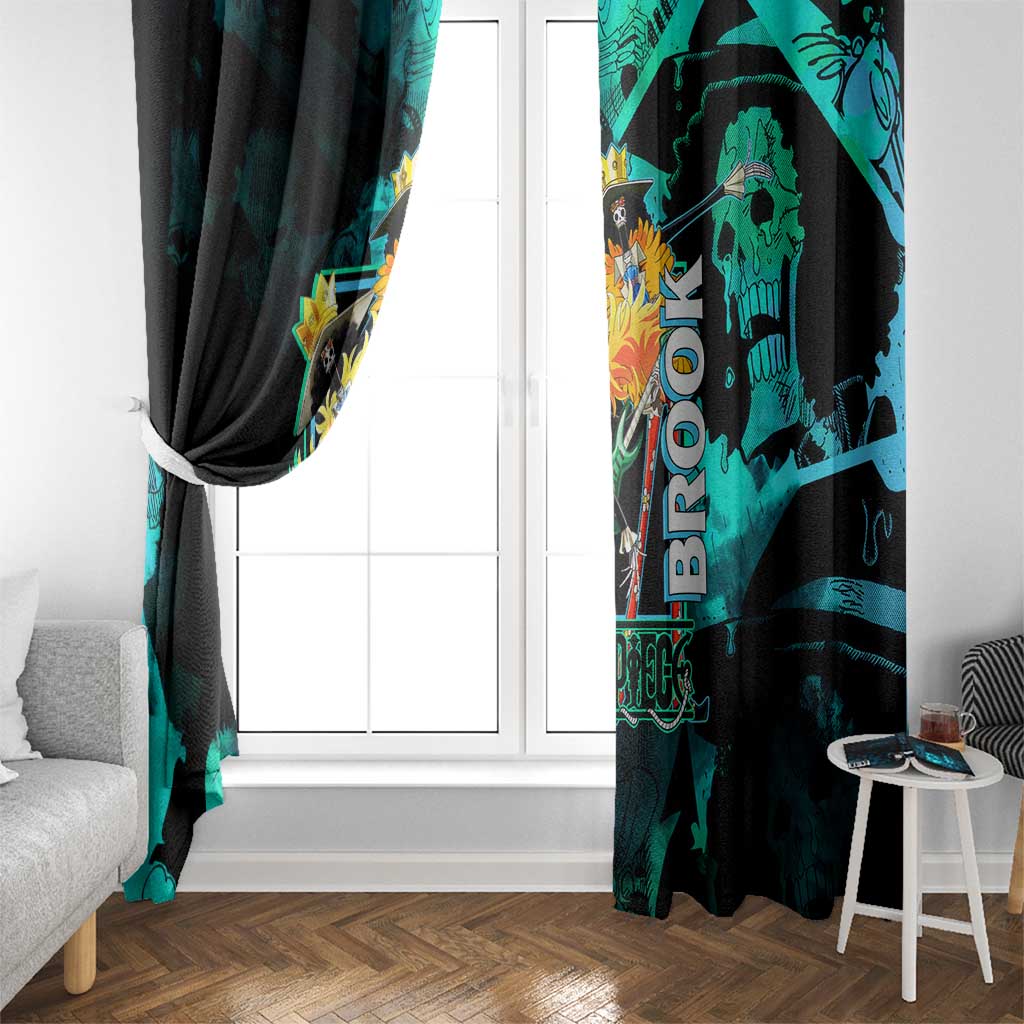 Brook One Piece Green and Black Theme Window Curtain with Soul King Guitar and Skeleton Jolly Roger Design - The Mazicc
