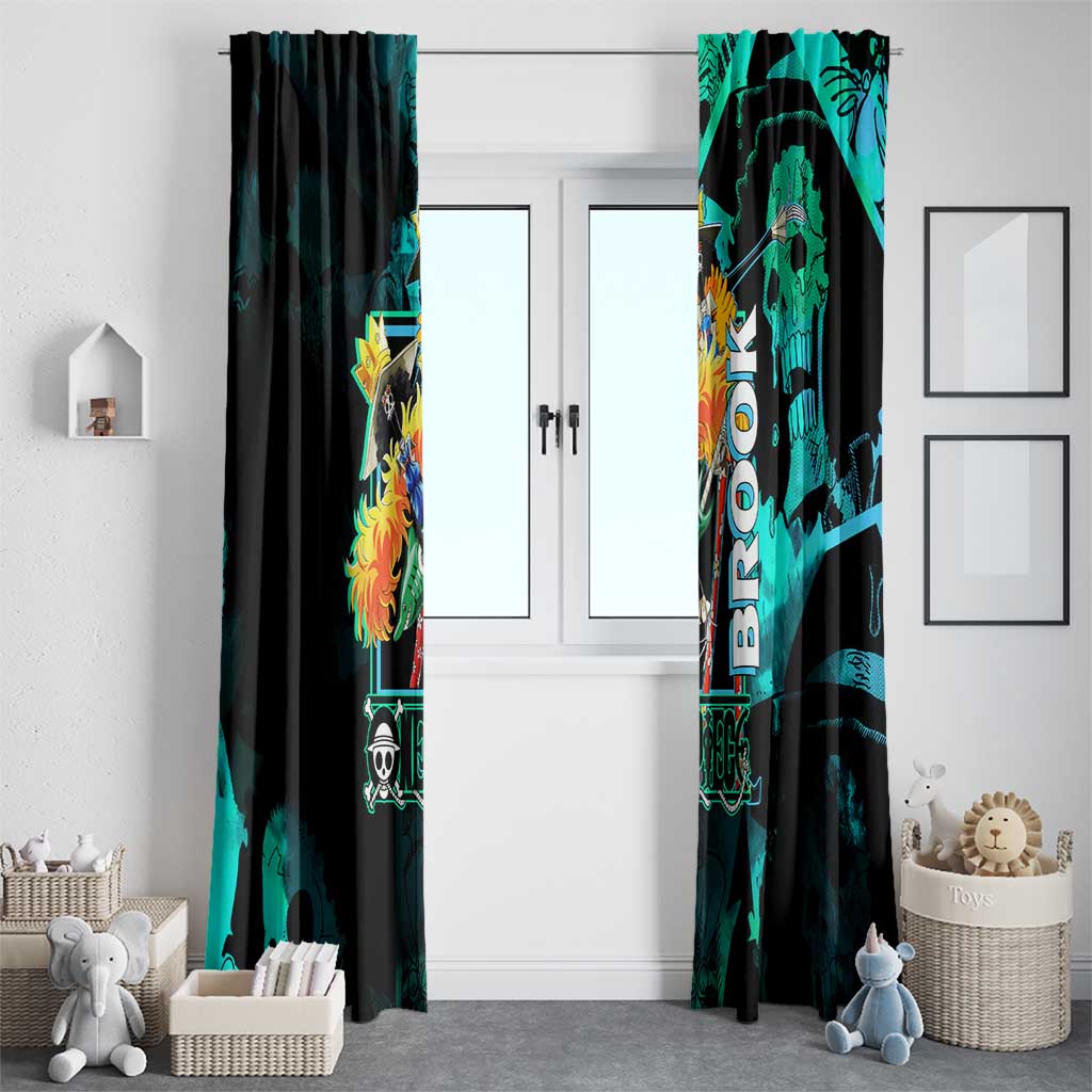 Brook One Piece Green and Black Theme Window Curtain with Soul King Guitar and Skeleton Jolly Roger Design - The Mazicc