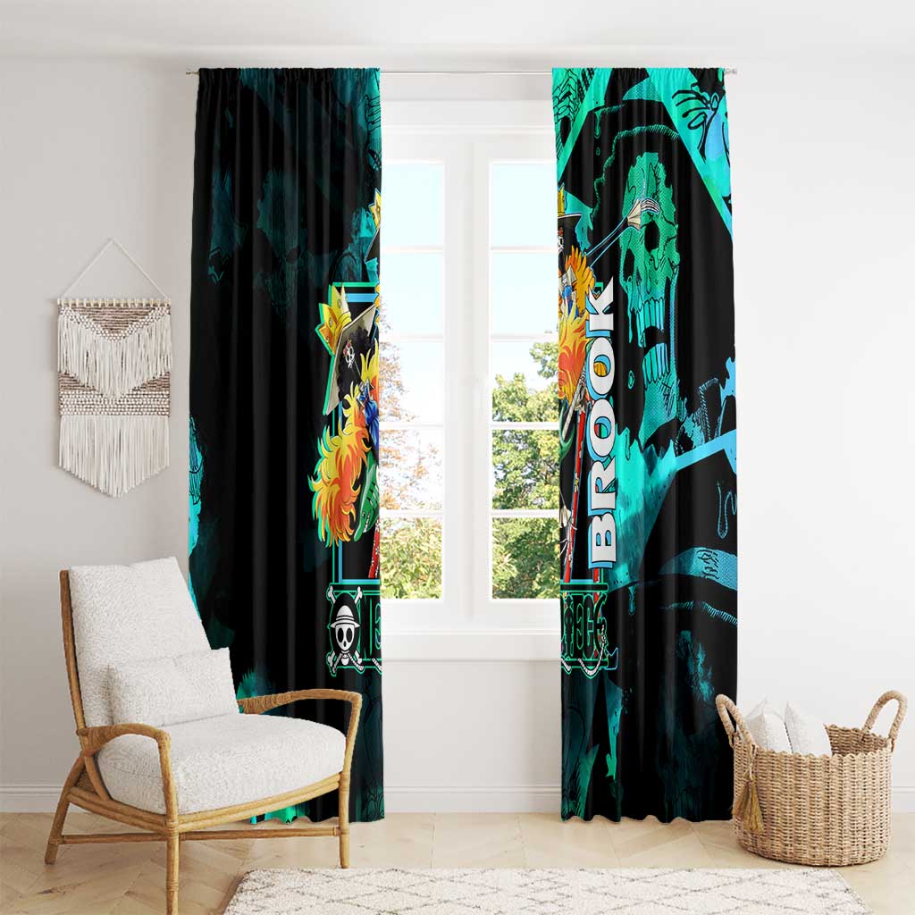 Brook One Piece Green and Black Theme Window Curtain with Soul King Guitar and Skeleton Jolly Roger Design - The Mazicc