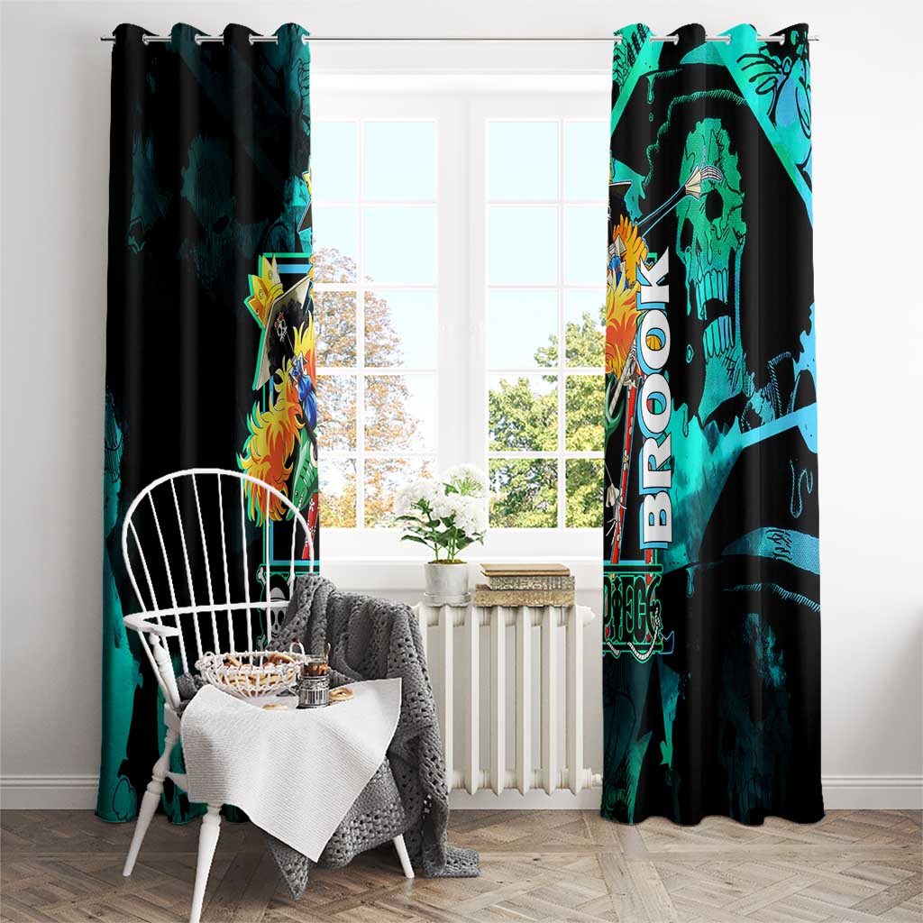 Brook One Piece Green and Black Theme Window Curtain with Soul King Guitar and Skeleton Jolly Roger Design - The Mazicc