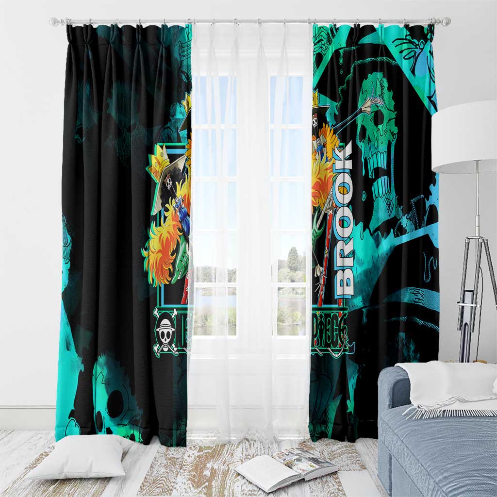 Brook One Piece Green and Black Theme Window Curtain with Soul King Guitar and Skeleton Jolly Roger Design - The Mazicc