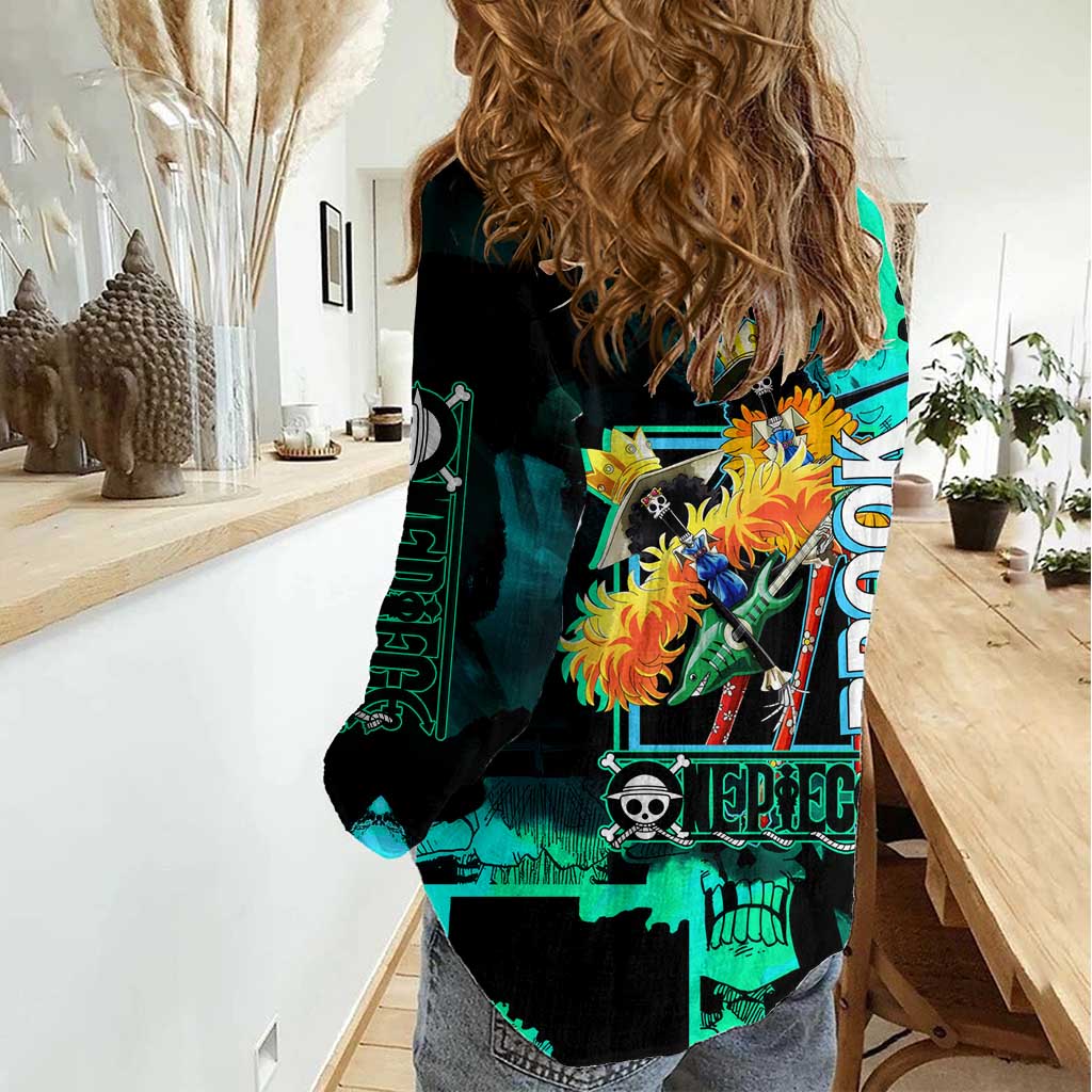 Brook One Piece Green and Black Theme Women Casual Shirt with Soul King Guitar and Skeleton Jolly Roger Design - The Mazicc