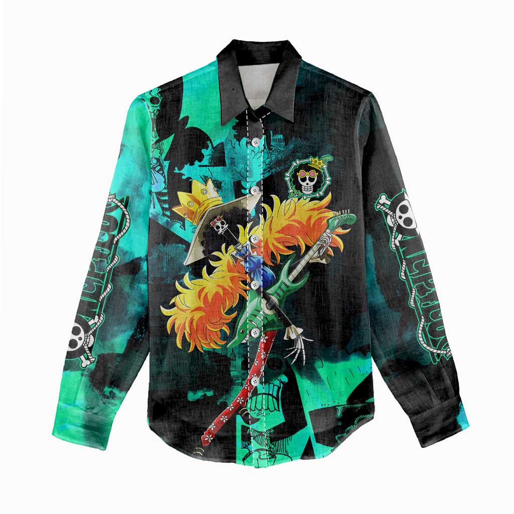 Brook One Piece Green and Black Theme Women Casual Shirt with Soul King Guitar and Skeleton Jolly Roger Design - The Mazicc