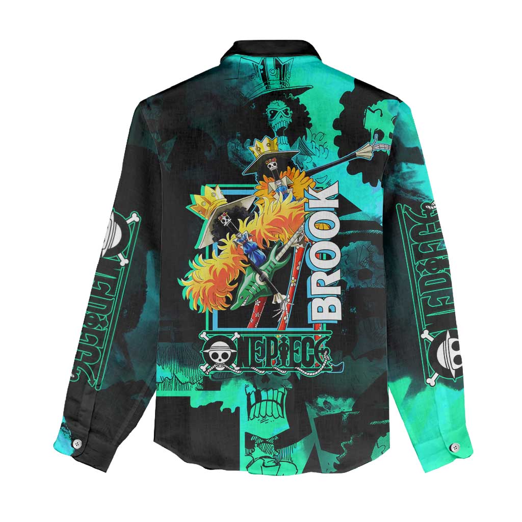 Brook One Piece Green and Black Theme Women Casual Shirt with Soul King Guitar and Skeleton Jolly Roger Design - The Mazicc