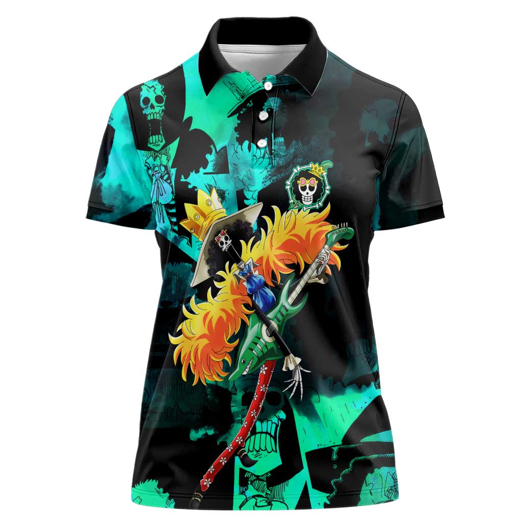 Brook One Piece Green and Black Theme Women Polo Shirt with Soul King Guitar and Skeleton Jolly Roger Design - The Mazicc