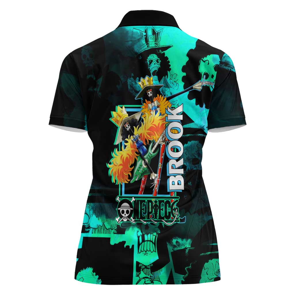 Brook One Piece Green and Black Theme Women Polo Shirt with Soul King Guitar and Skeleton Jolly Roger Design - The Mazicc
