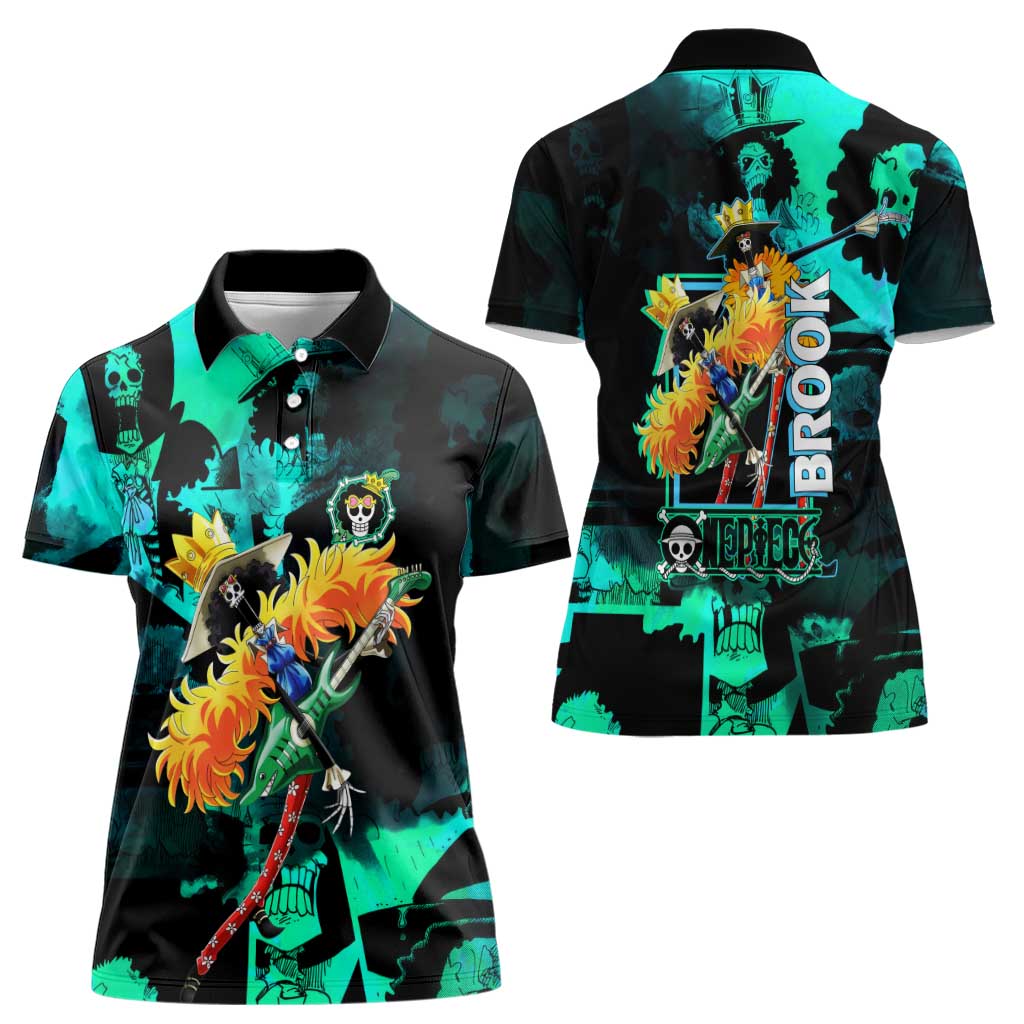 Brook One Piece Green and Black Theme Women Polo Shirt with Soul King Guitar and Skeleton Jolly Roger Design - The Mazicc
