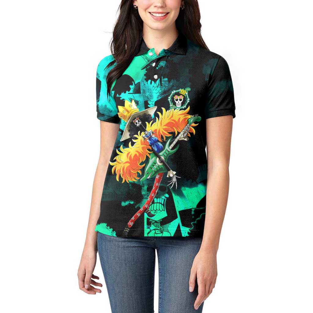 Brook One Piece Green and Black Theme Women Polo Shirt with Soul King Guitar and Skeleton Jolly Roger Design - The Mazicc