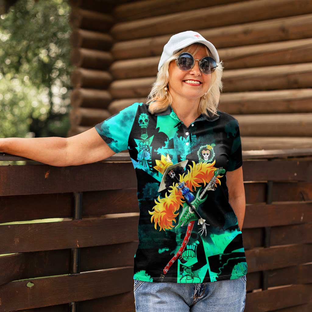 Brook One Piece Green and Black Theme Women Polo Shirt with Soul King Guitar and Skeleton Jolly Roger Design - The Mazicc