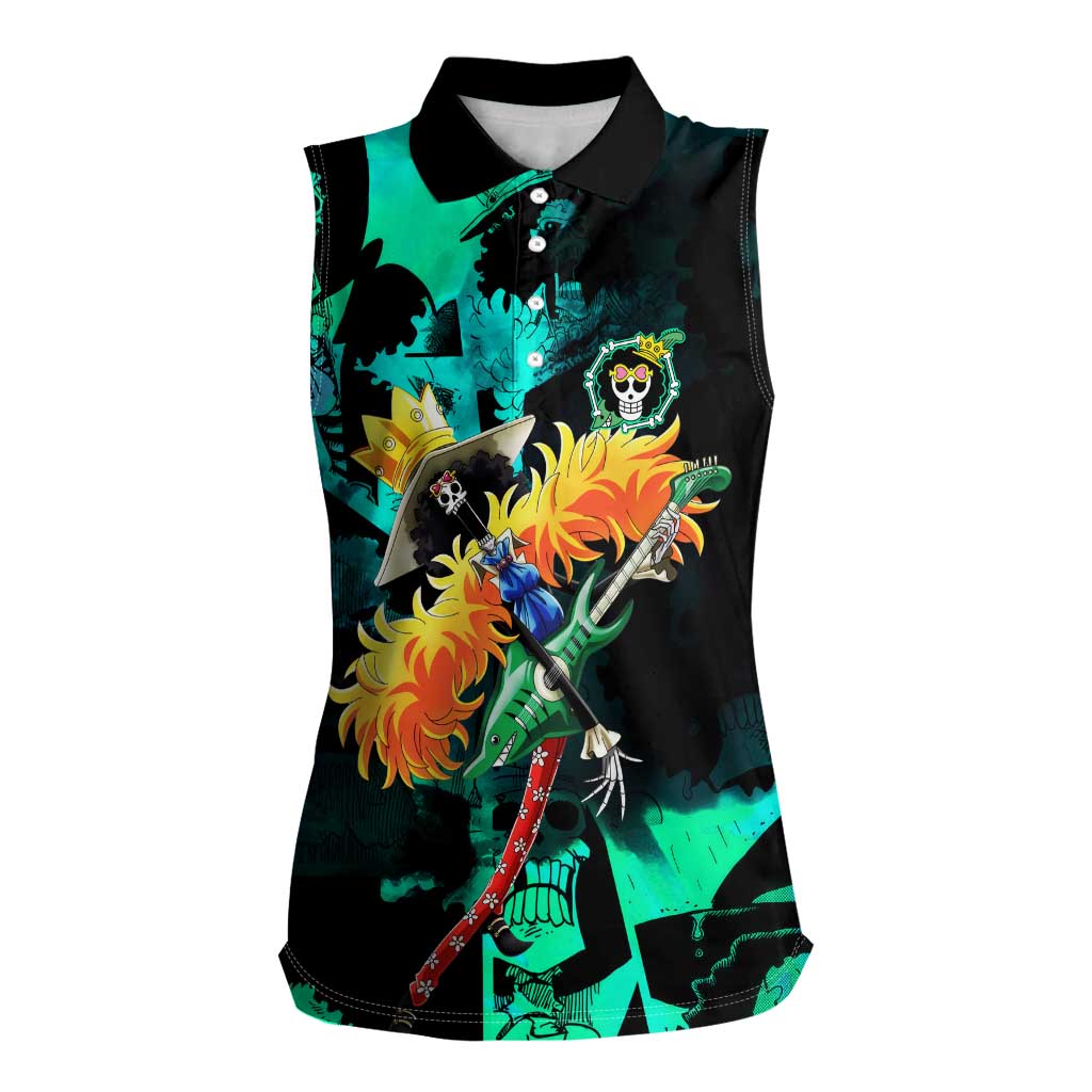 Brook One Piece Green and Black Theme Women Sleeveless Polo Shirt with Soul King Guitar and Skeleton Jolly Roger Design - The Mazicc