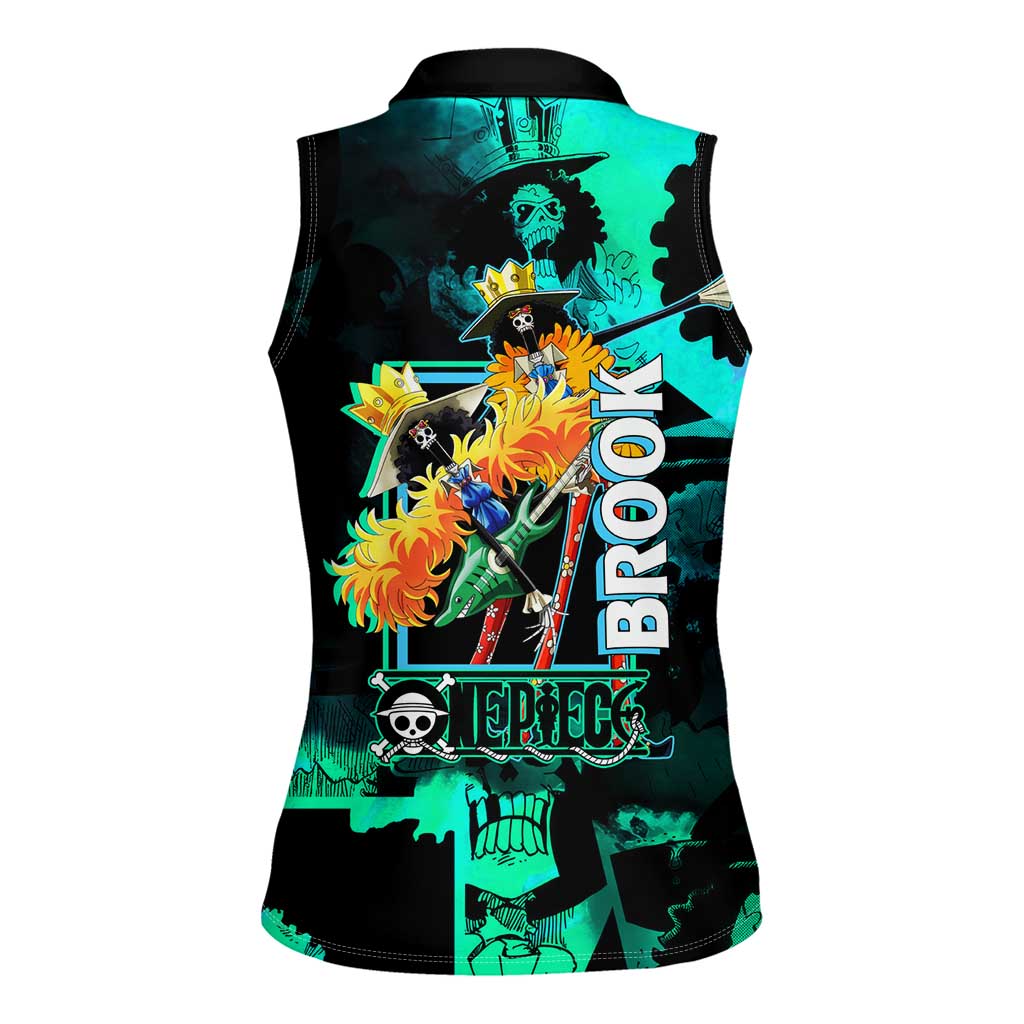 Brook One Piece Green and Black Theme Women Sleeveless Polo Shirt with Soul King Guitar and Skeleton Jolly Roger Design - The Mazicc