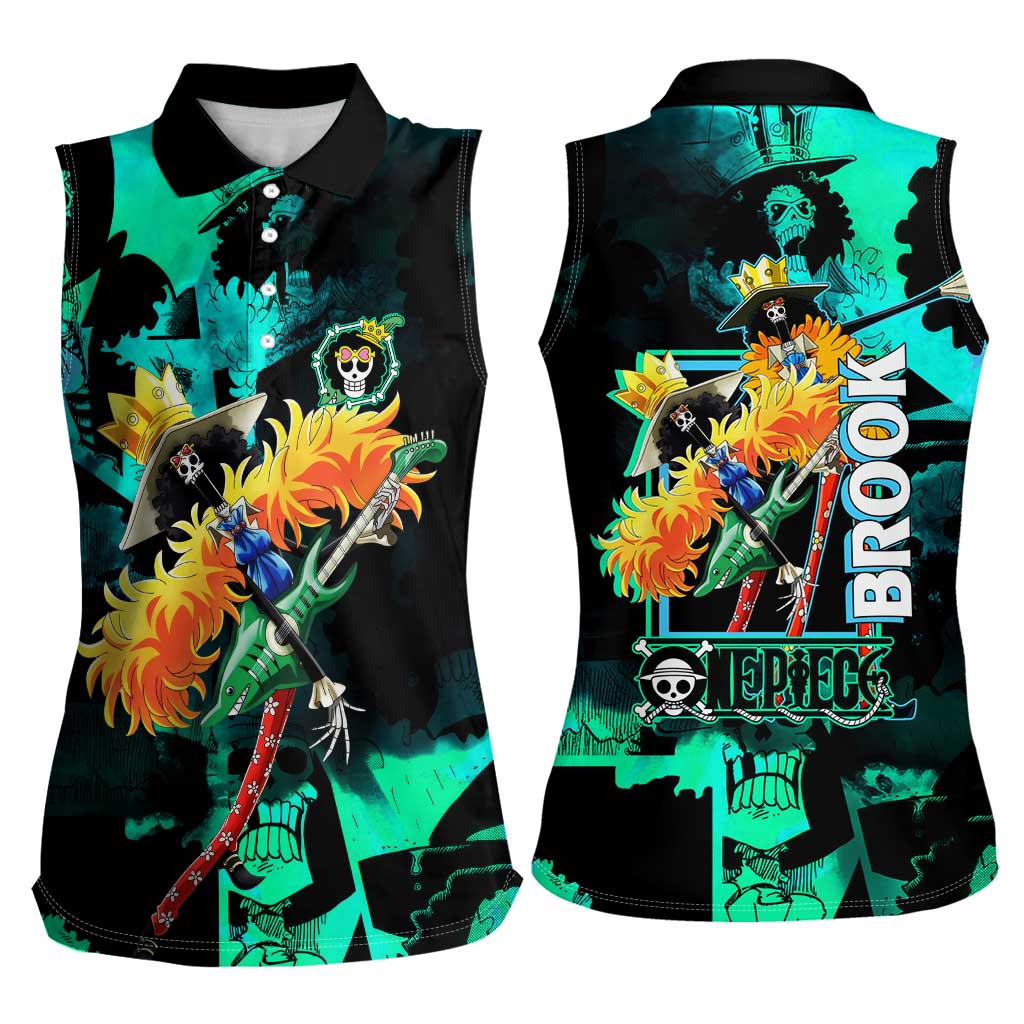 Brook One Piece Green and Black Theme Women Sleeveless Polo Shirt with Soul King Guitar and Skeleton Jolly Roger Design - The Mazicc