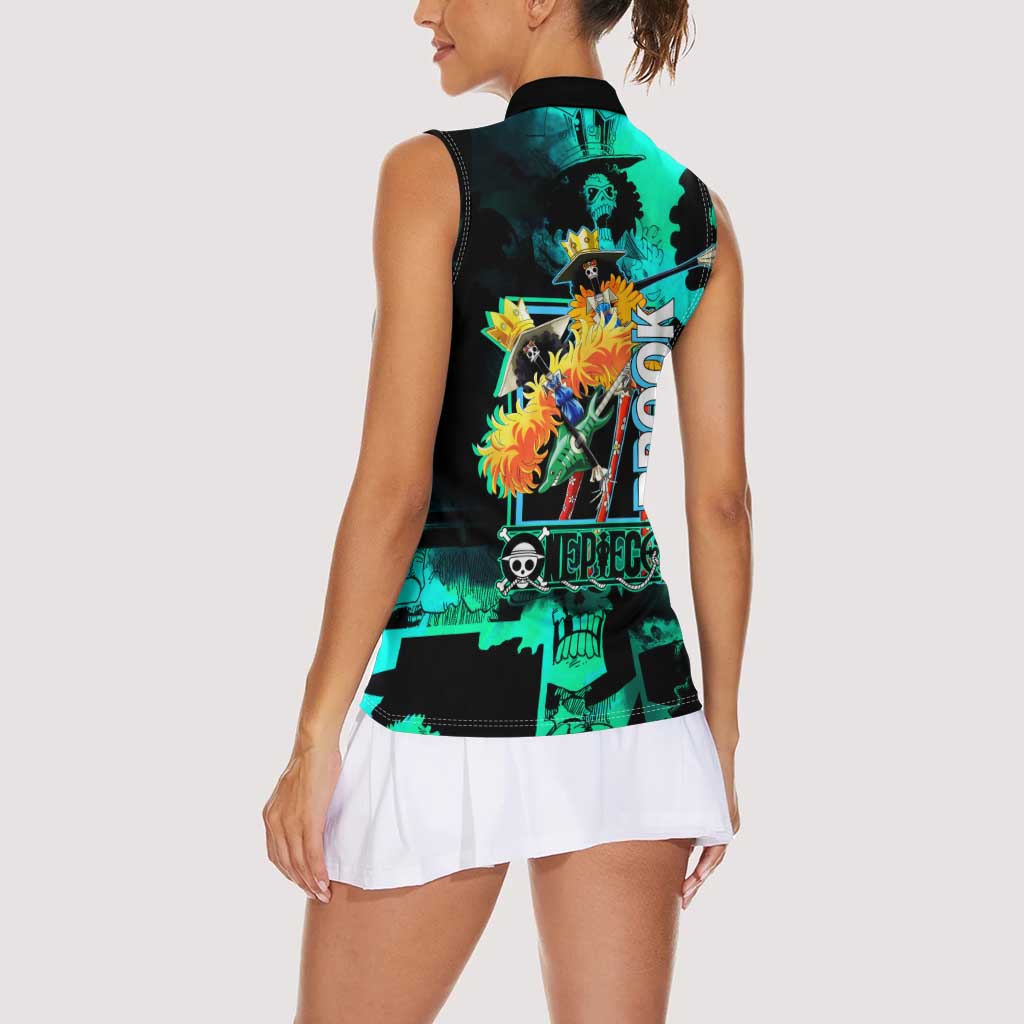 Brook One Piece Green and Black Theme Women Sleeveless Polo Shirt with Soul King Guitar and Skeleton Jolly Roger Design - The Mazicc