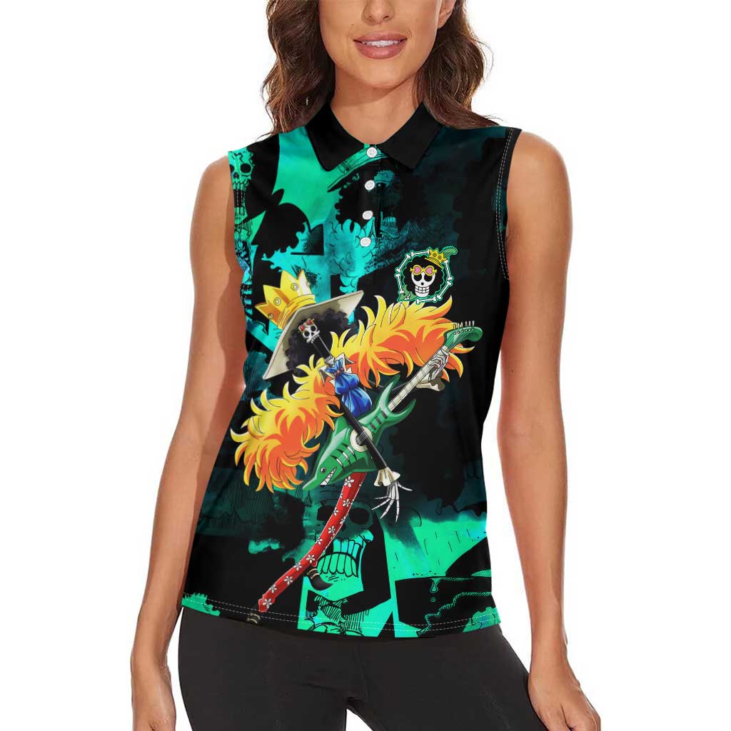 Brook One Piece Green and Black Theme Women Sleeveless Polo Shirt with Soul King Guitar and Skeleton Jolly Roger Design - The Mazicc
