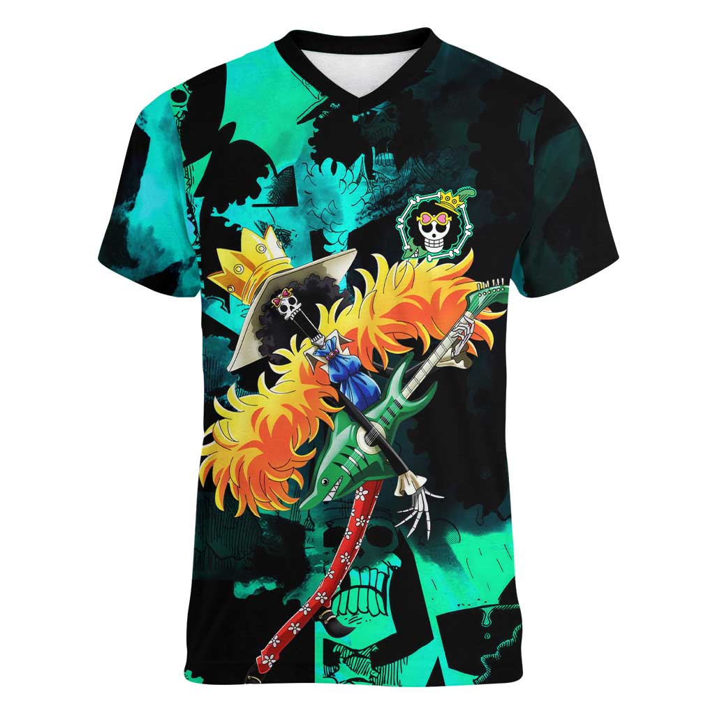 Brook One Piece Green and Black Theme Women V-Neck T-Shirt with Soul King Guitar and Skeleton Jolly Roger Design - The Mazicc