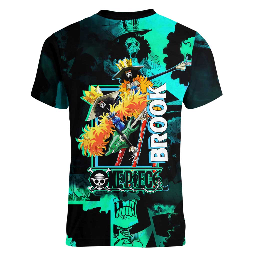 Brook One Piece Green and Black Theme Women V-Neck T-Shirt with Soul King Guitar and Skeleton Jolly Roger Design - The Mazicc