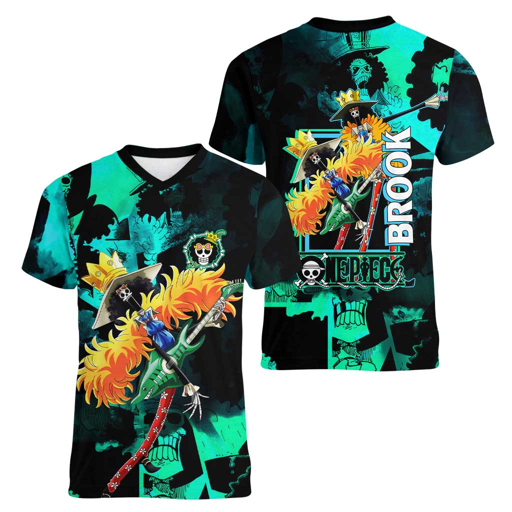 Brook One Piece Green and Black Theme Women V-Neck T-Shirt with Soul King Guitar and Skeleton Jolly Roger Design - The Mazicc