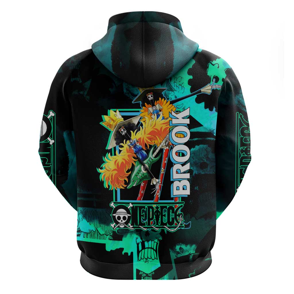 Brook One Piece Green and Black Theme Zip Hoodie with Soul King Guitar and Skeleton Jolly Roger Design - The Mazicc