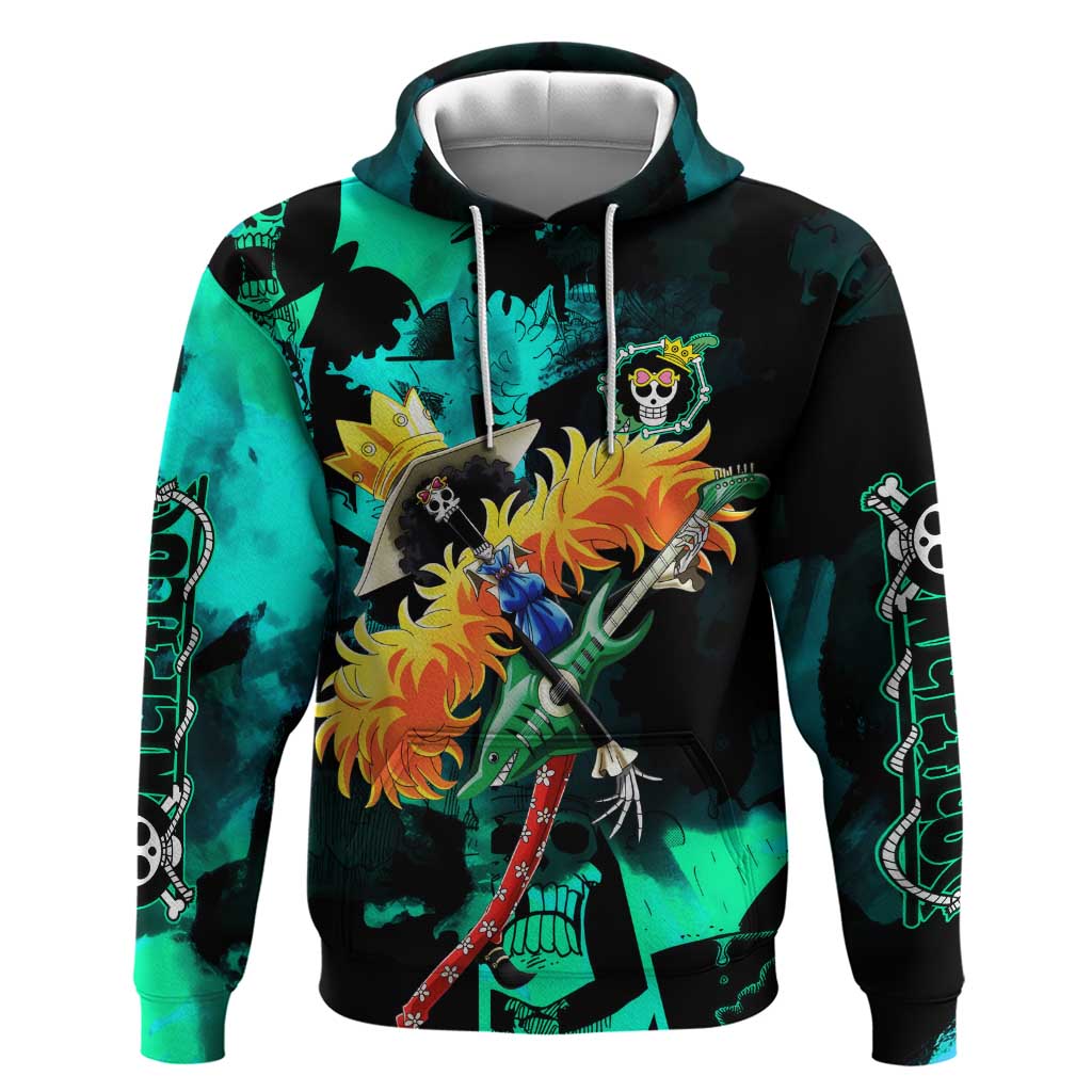 Brook One Piece Green and Black Theme Zip Hoodie with Soul King Guitar and Skeleton Jolly Roger Design - The Mazicc