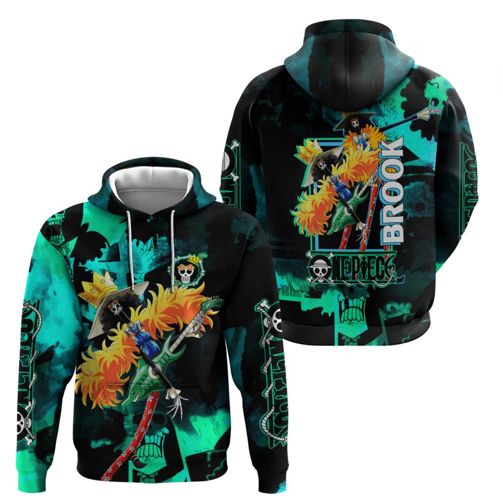 Brook One Piece Green and Black Theme Zip Hoodie with Soul King Guitar and Skeleton Jolly Roger Design - The Mazicc