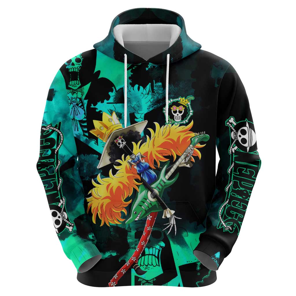Brook One Piece Green and Black Theme Zip Hoodie with Soul King Guitar and Skeleton Jolly Roger Design - The Mazicc