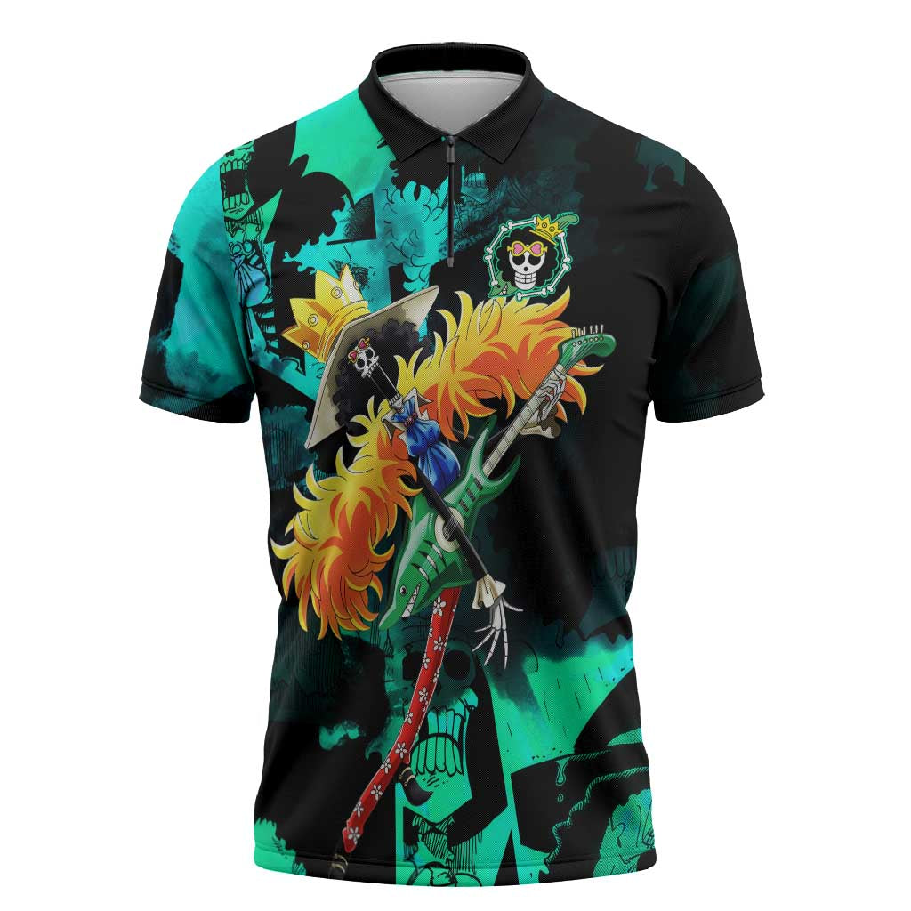 Brook One Piece Green and Black Theme Zipper Polo Shirt with Soul King Guitar and Skeleton Jolly Roger Design - The Mazicc