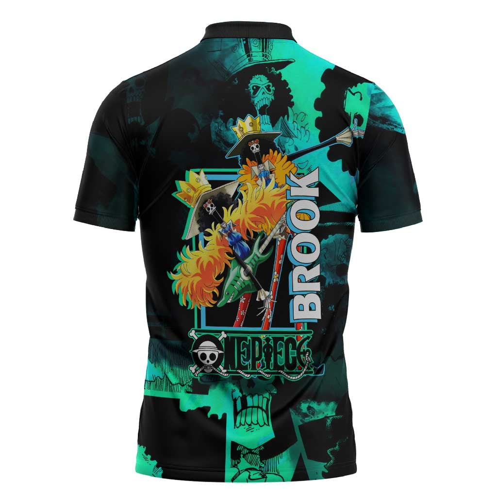 Brook One Piece Green and Black Theme Zipper Polo Shirt with Soul King Guitar and Skeleton Jolly Roger Design - The Mazicc