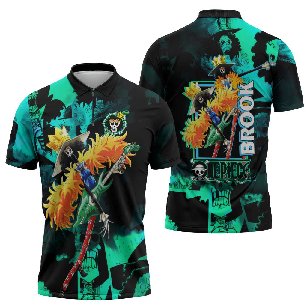 Brook One Piece Green and Black Theme Zipper Polo Shirt with Soul King Guitar and Skeleton Jolly Roger Design - The Mazicc