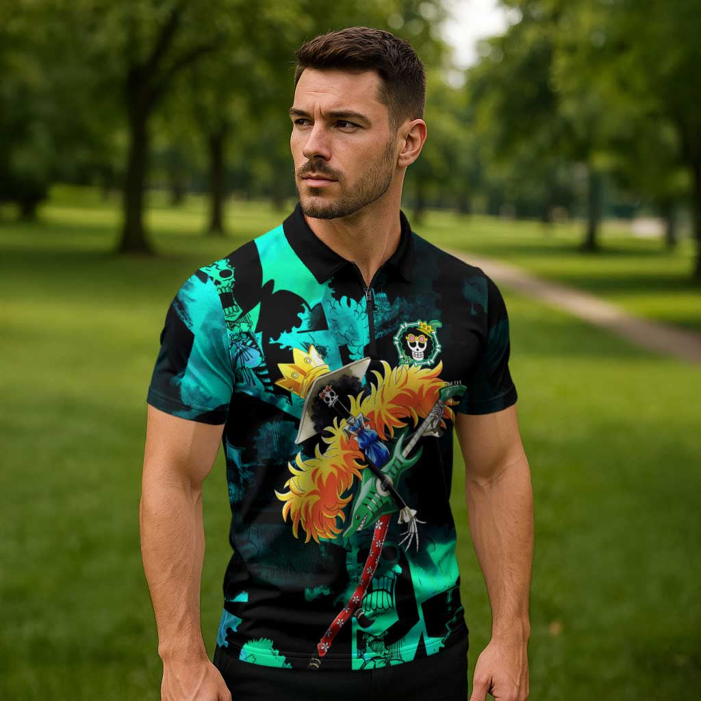 Brook One Piece Green and Black Theme Zipper Polo Shirt with Soul King Guitar and Skeleton Jolly Roger Design - The Mazicc