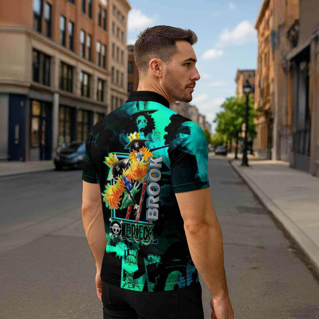 Brook One Piece Green and Black Theme Zipper Polo Shirt with Soul King Guitar and Skeleton Jolly Roger Design - The Mazicc