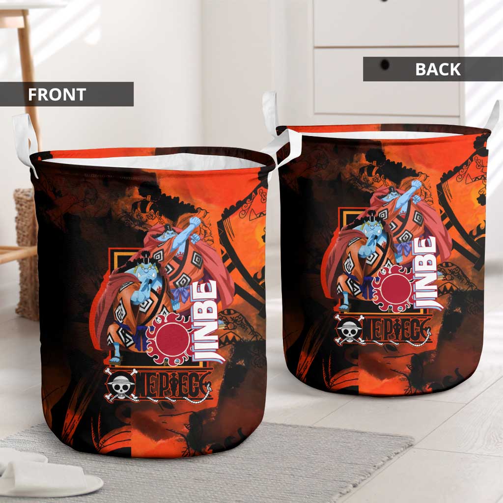 Jinbe One Piece Red and Black Theme Laundry Basket with Sun Pirates Emblem and Karate Pose Design - The Mazicc