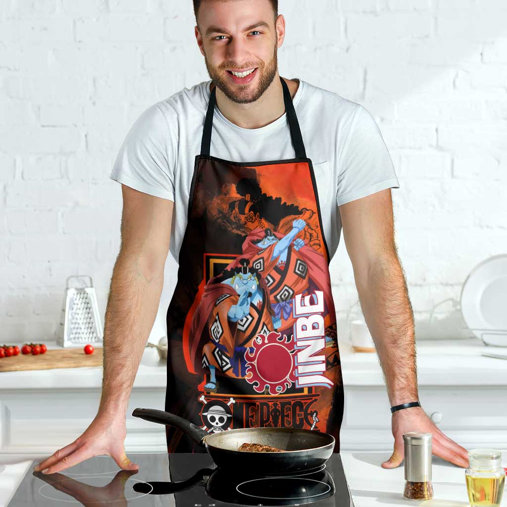 Jinbe One Piece Red and Black Theme Apron with Sun Pirates Emblem and Karate Pose Design - The Mazicc
