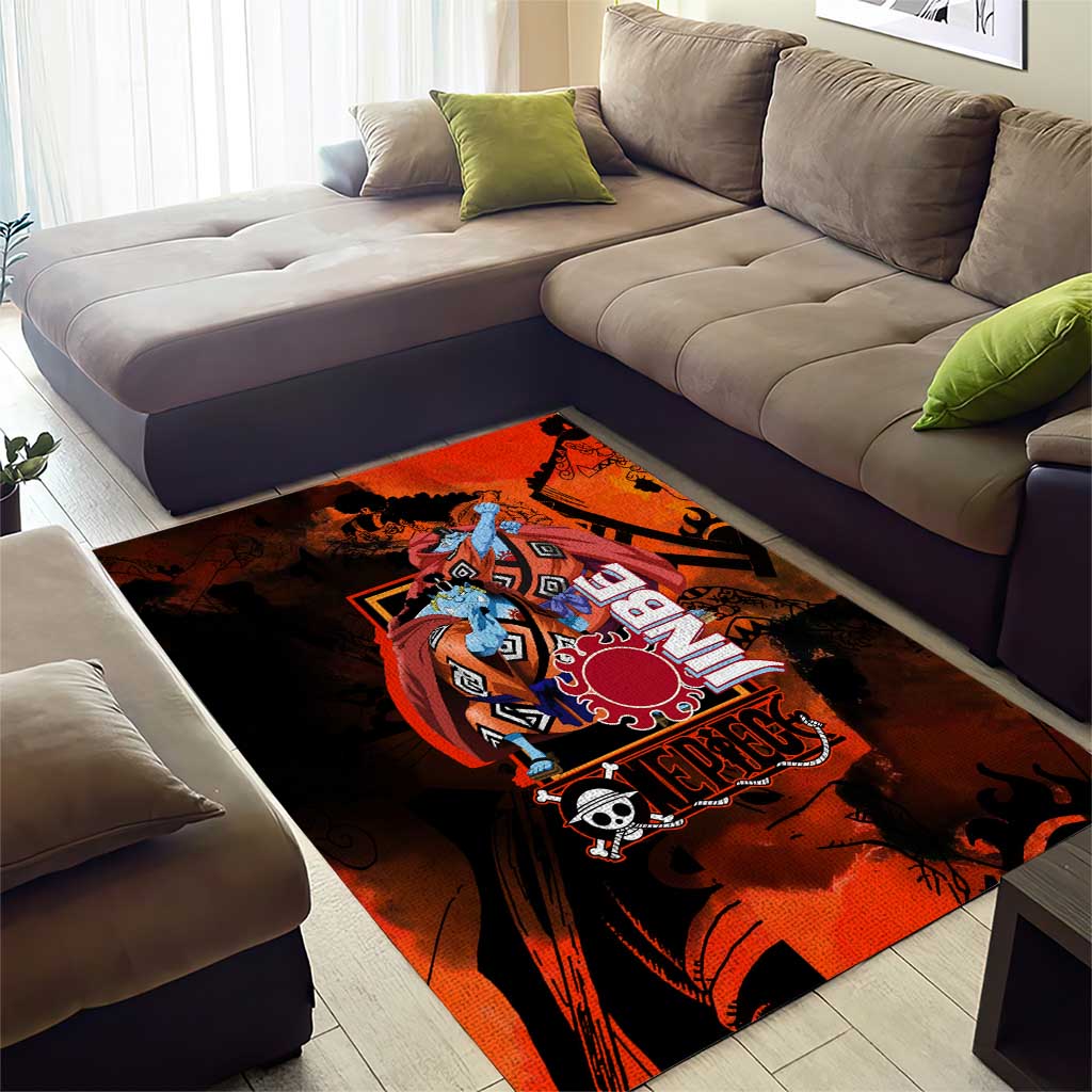 Jinbe One Piece Red and Black Theme Area Rug with Sun Pirates Emblem and Karate Pose Design - The Mazicc