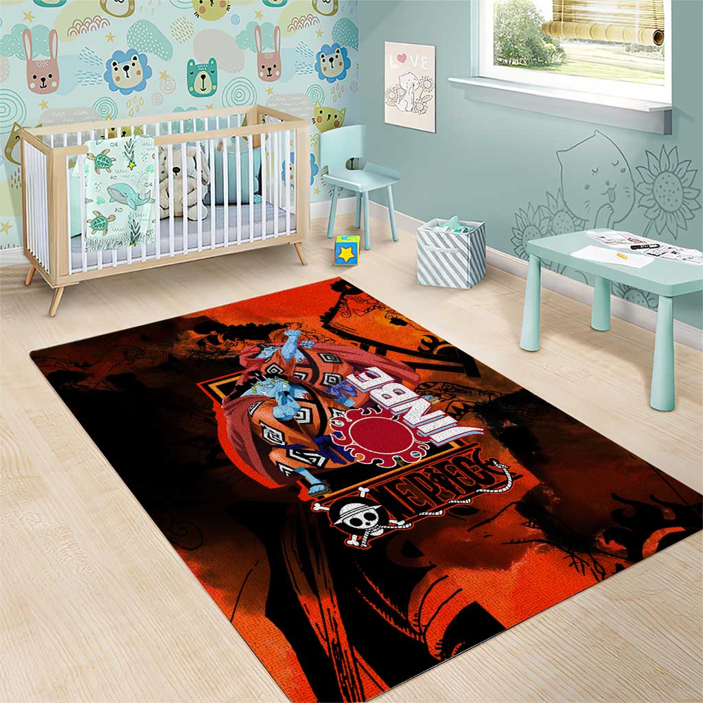 Jinbe One Piece Red and Black Theme Area Rug with Sun Pirates Emblem and Karate Pose Design - The Mazicc