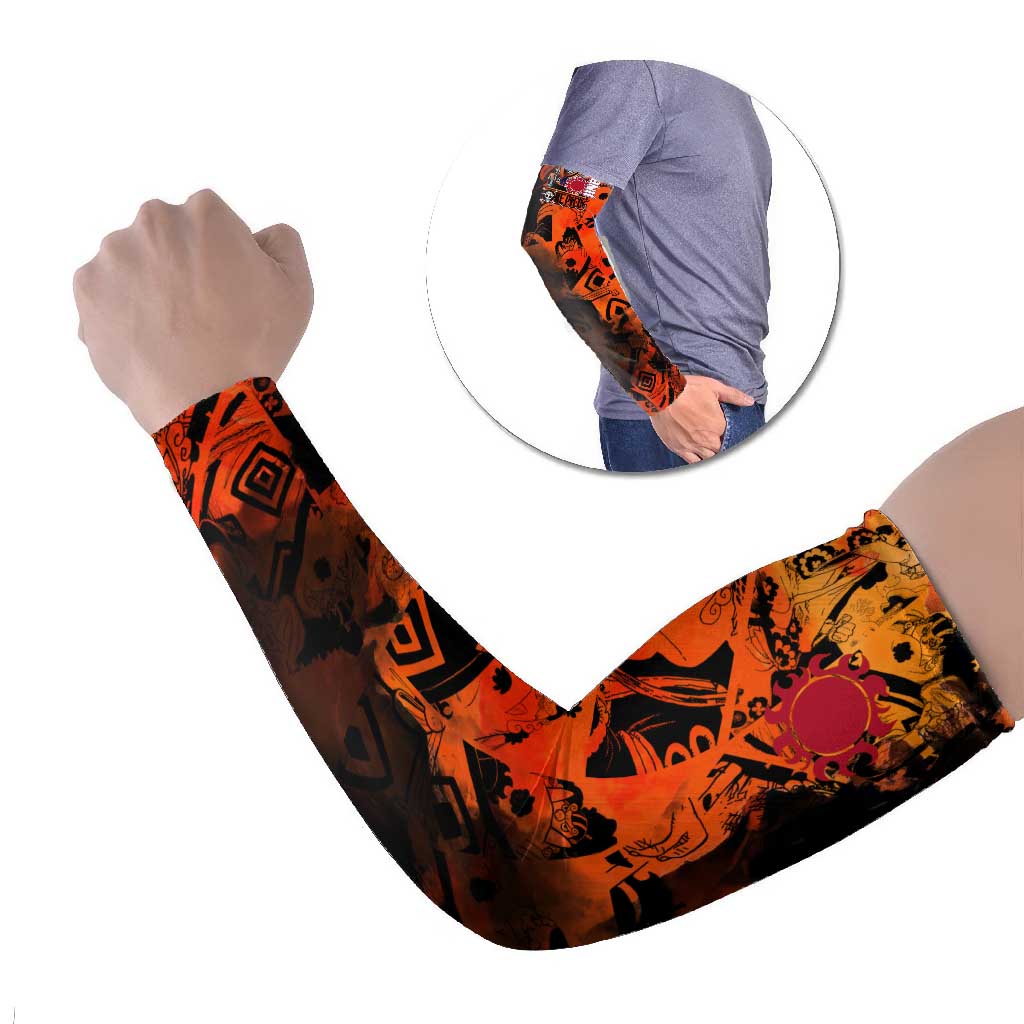 Jinbe One Piece Red and Black Theme Arm Sleeves with Sun Pirates Emblem and Karate Pose Design - The Mazicc