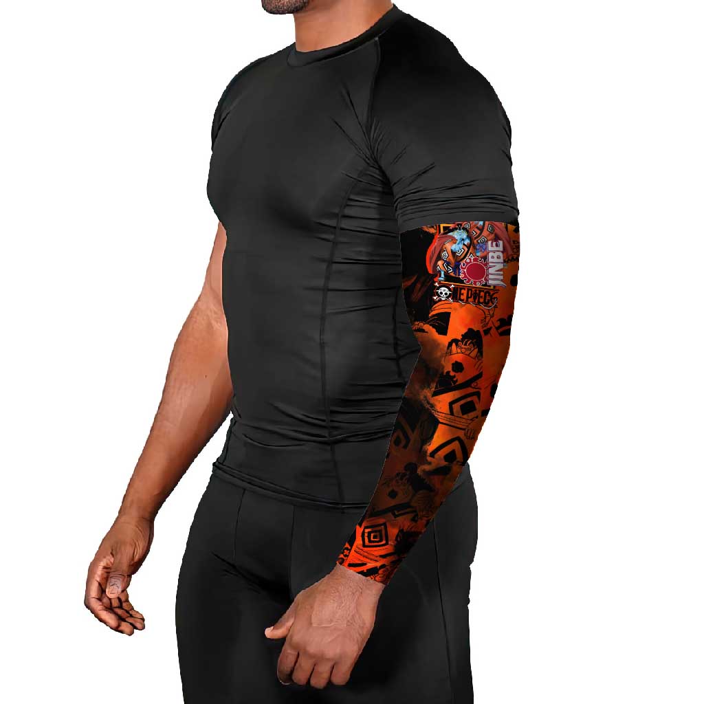 Jinbe One Piece Red and Black Theme Arm Sleeves with Sun Pirates Emblem and Karate Pose Design - The Mazicc