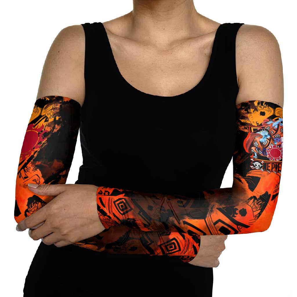 Jinbe One Piece Red and Black Theme Arm Sleeves with Sun Pirates Emblem and Karate Pose Design - The Mazicc
