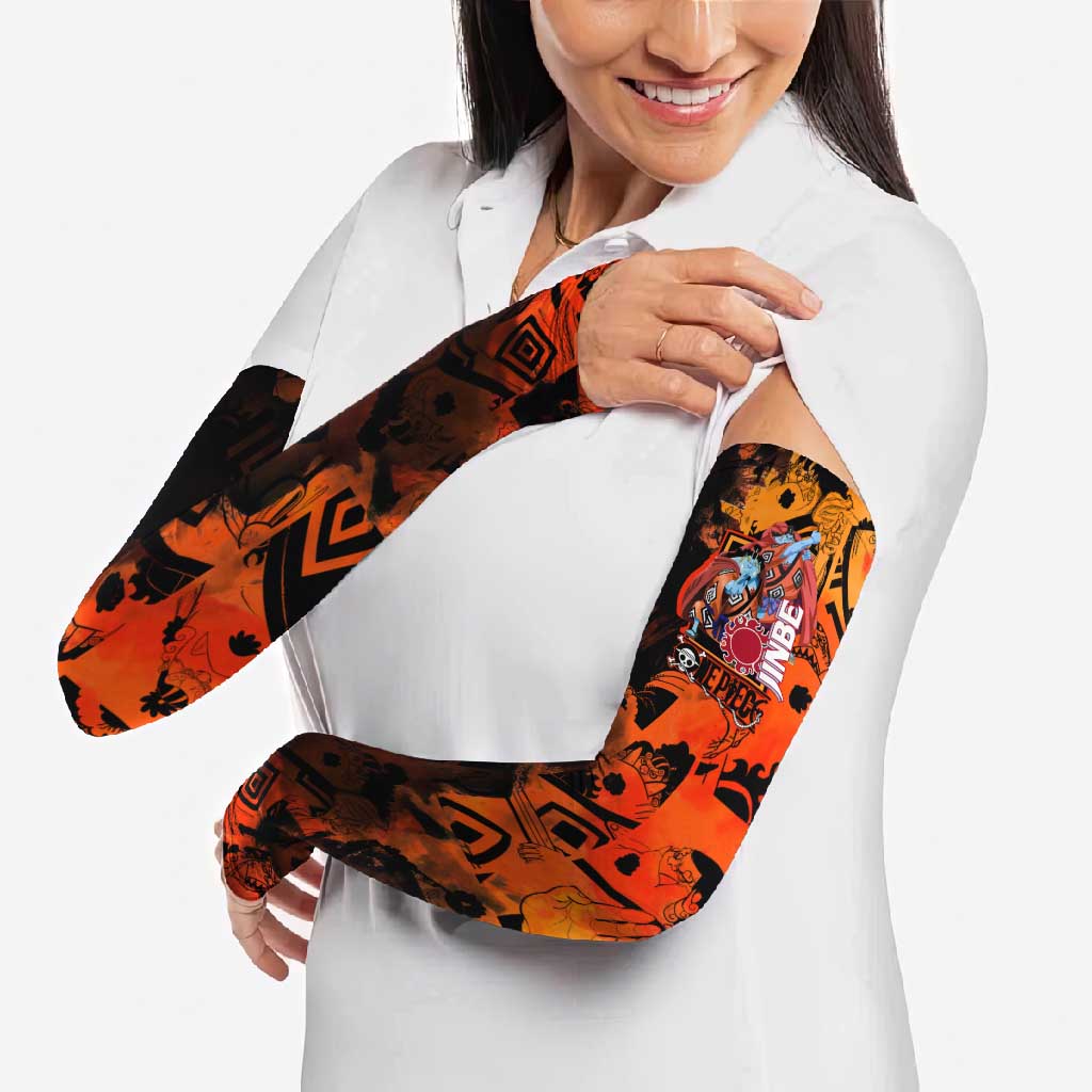 Jinbe One Piece Red and Black Theme Arm Sleeves with Sun Pirates Emblem and Karate Pose Design - The Mazicc