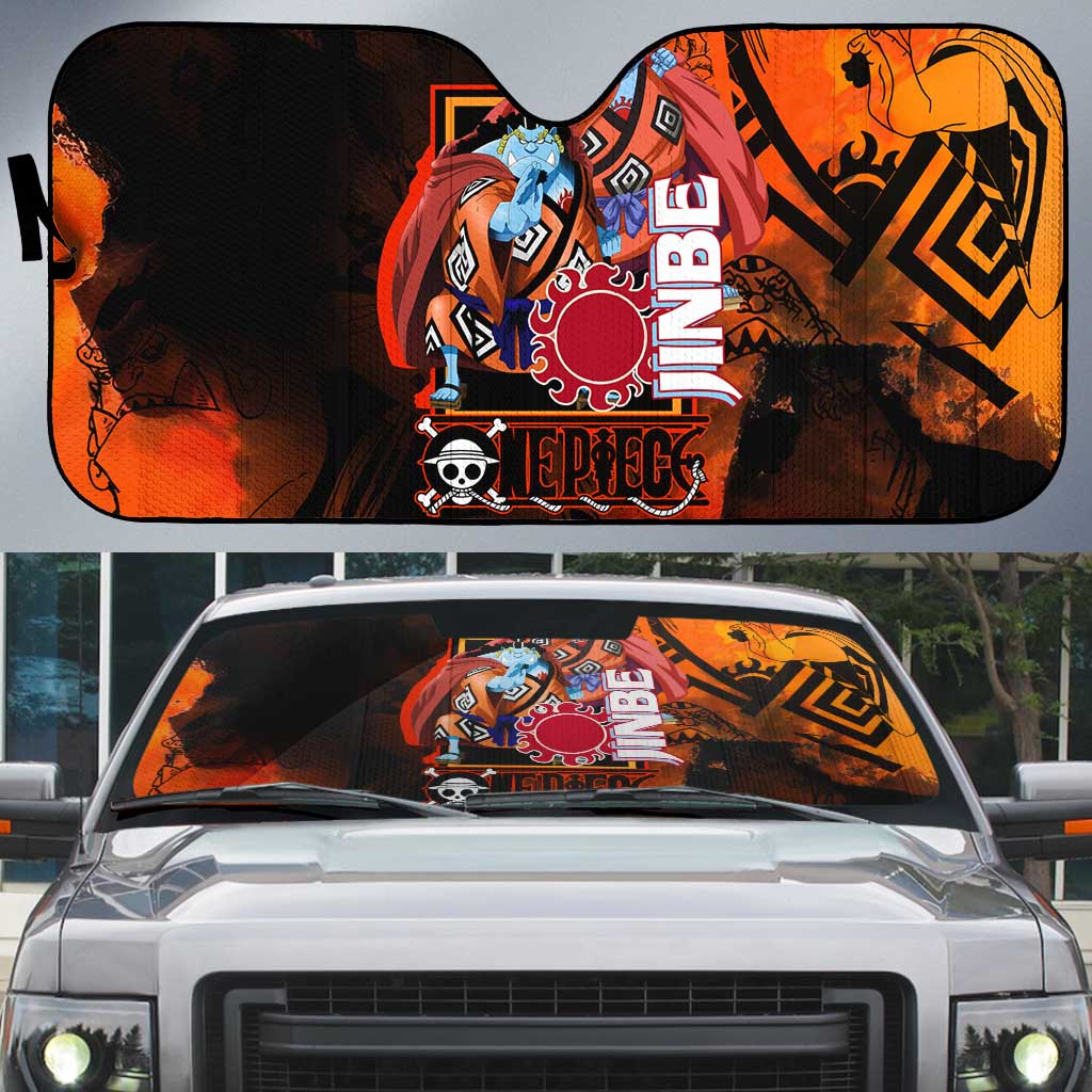 Jinbe One Piece Red and Black Theme Auto Sun Shade with Sun Pirates Emblem and Karate Pose Design - The Mazicc