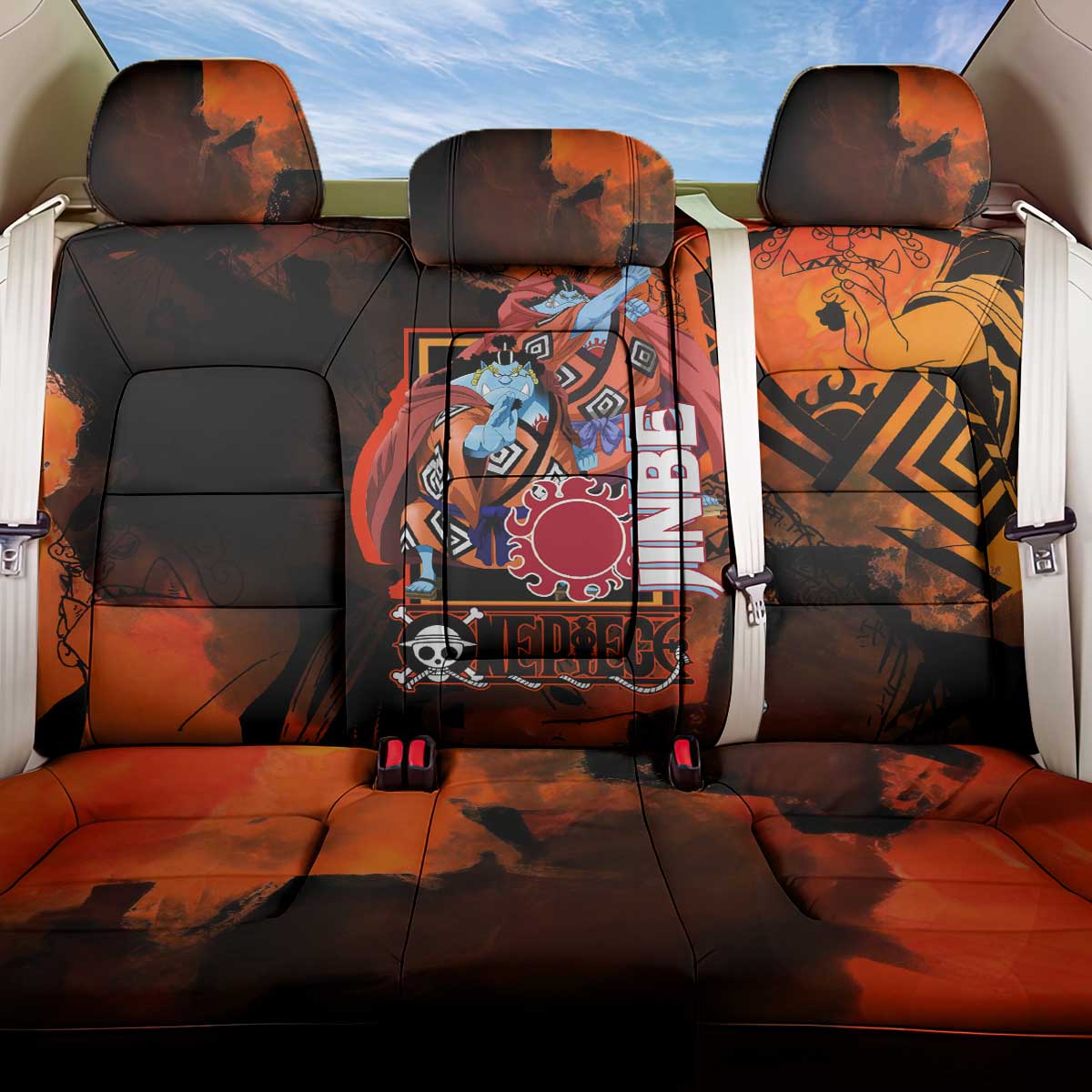 Jinbe One Piece Red and Black Theme Back Car Seat Cover with Sun Pirates Emblem and Karate Pose Design - The Mazicc