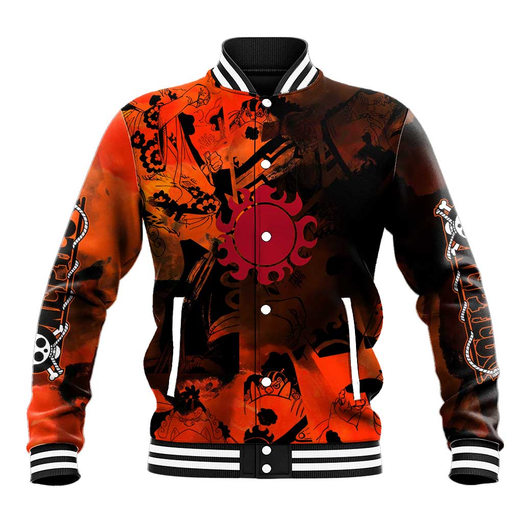 Jinbe One Piece Red and Black Theme Baseball Jacket with Sun Pirates Emblem and Karate Pose Design - The Mazicc