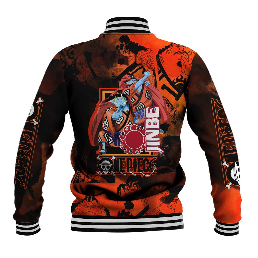 Jinbe One Piece Red and Black Theme Baseball Jacket with Sun Pirates Emblem and Karate Pose Design - The Mazicc