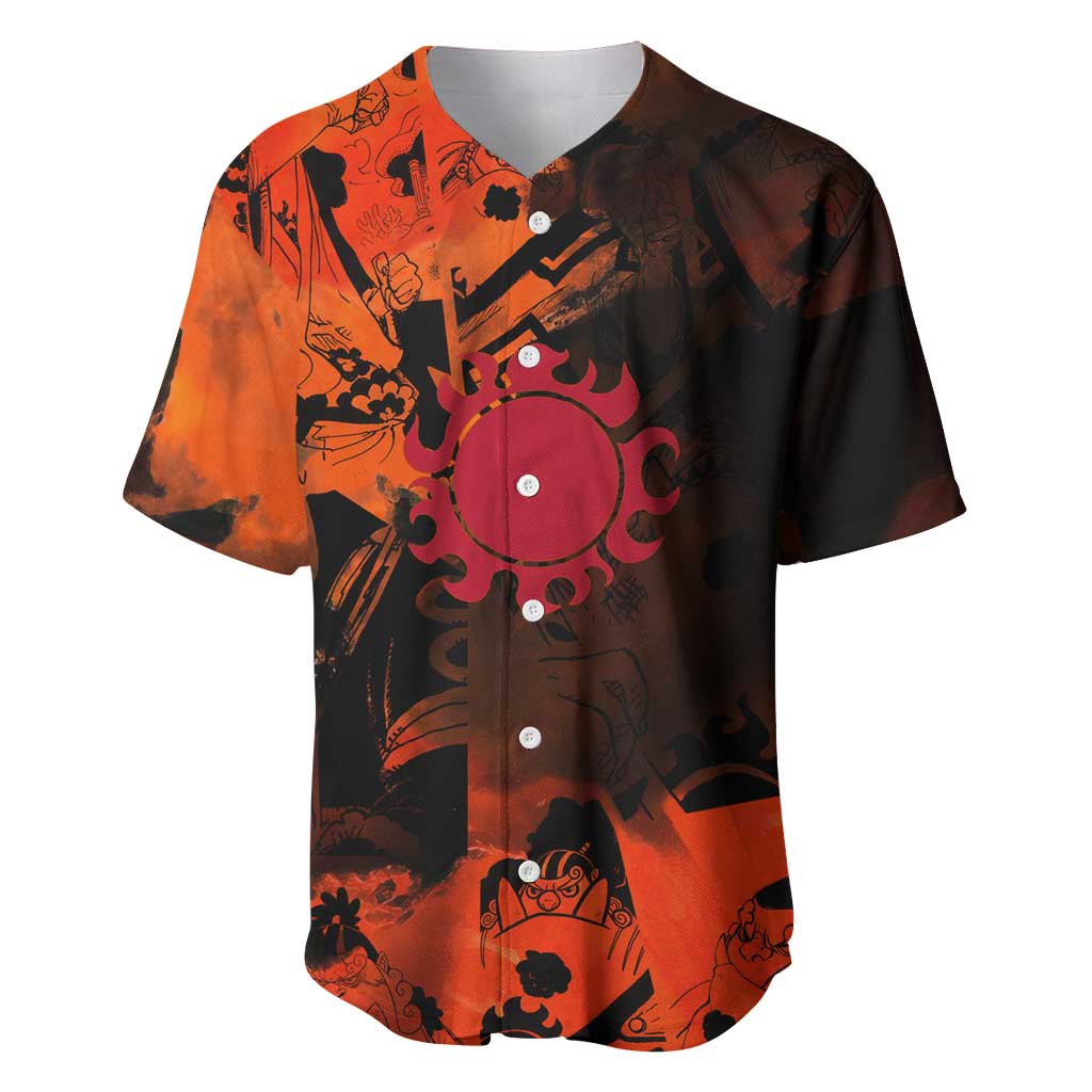 Jinbe One Piece Red and Black Theme Baseball Jersey with Sun Pirates Emblem and Karate Pose Design - The Mazicc
