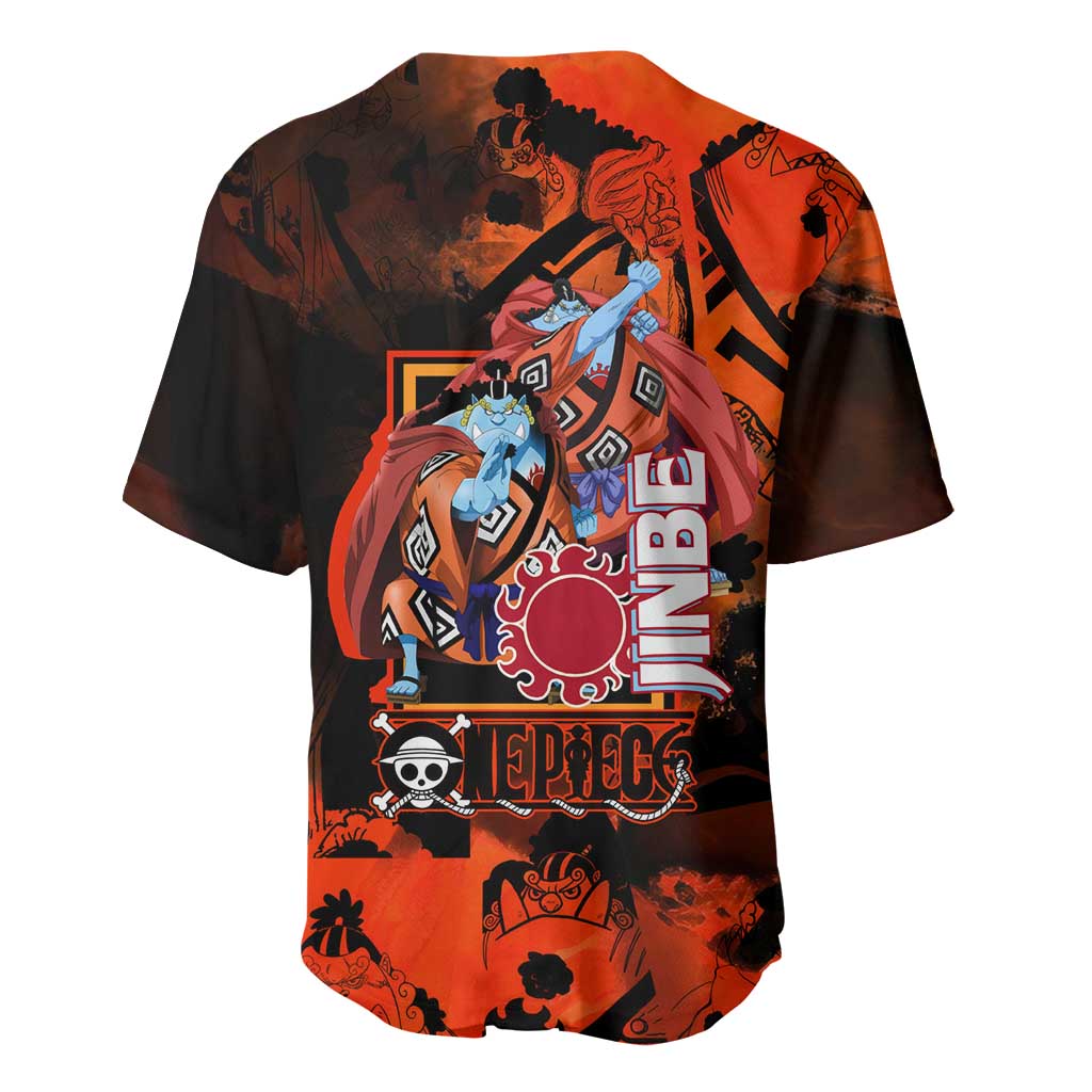 Jinbe One Piece Red and Black Theme Baseball Jersey with Sun Pirates Emblem and Karate Pose Design - The Mazicc