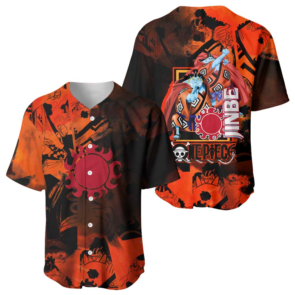 Jinbe One Piece Red and Black Theme Baseball Jersey with Sun Pirates Emblem and Karate Pose Design - The Mazicc